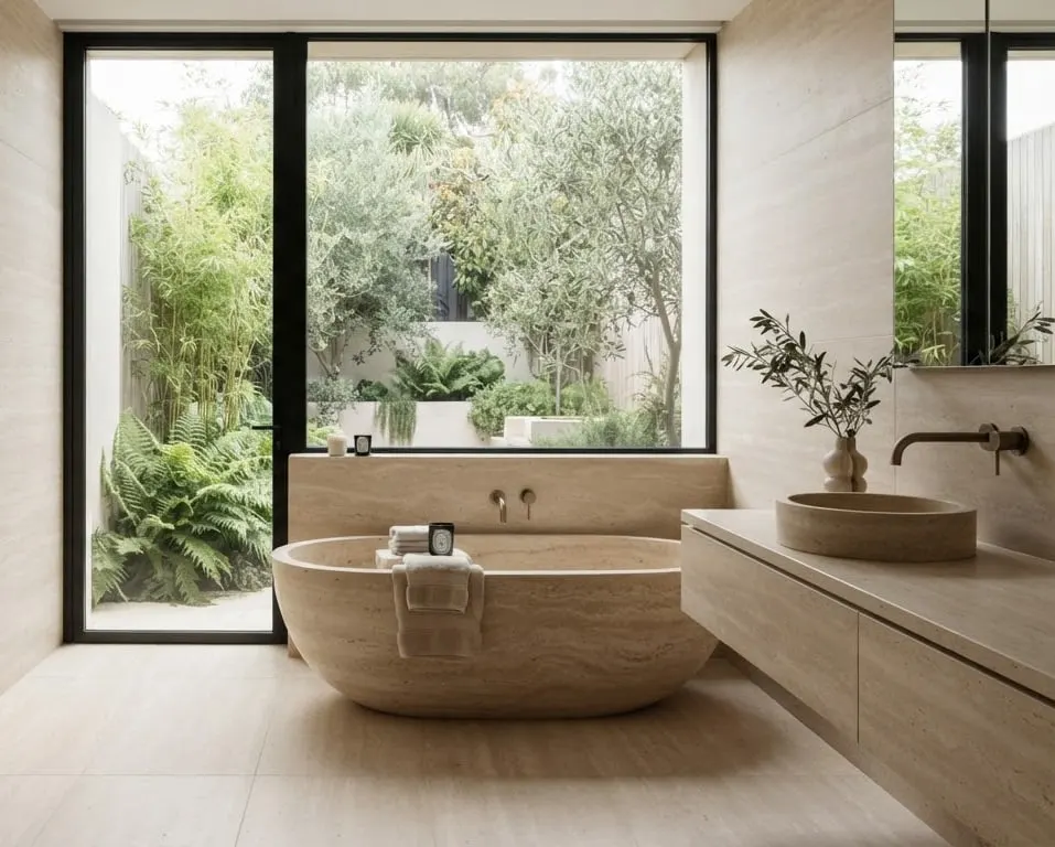 Treatment room at Balneario Aguas Blancas with stone bathtub and pale surfaces